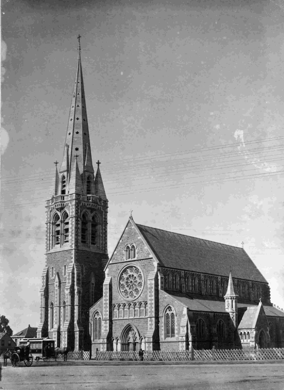 Black-and-white photo of Christ Church Cathedral in the 1880s with its tall spire
