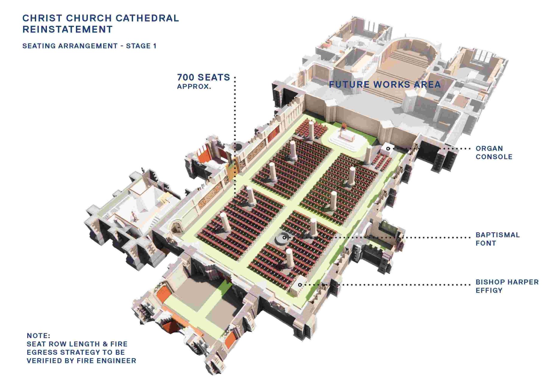 3D interior seating plan of Christ Church Cathedral with 700 seats marked