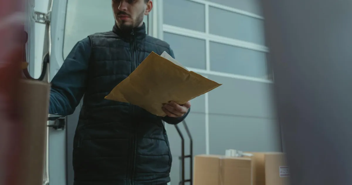 Courier organizing packages next to a delivery van beside a building.